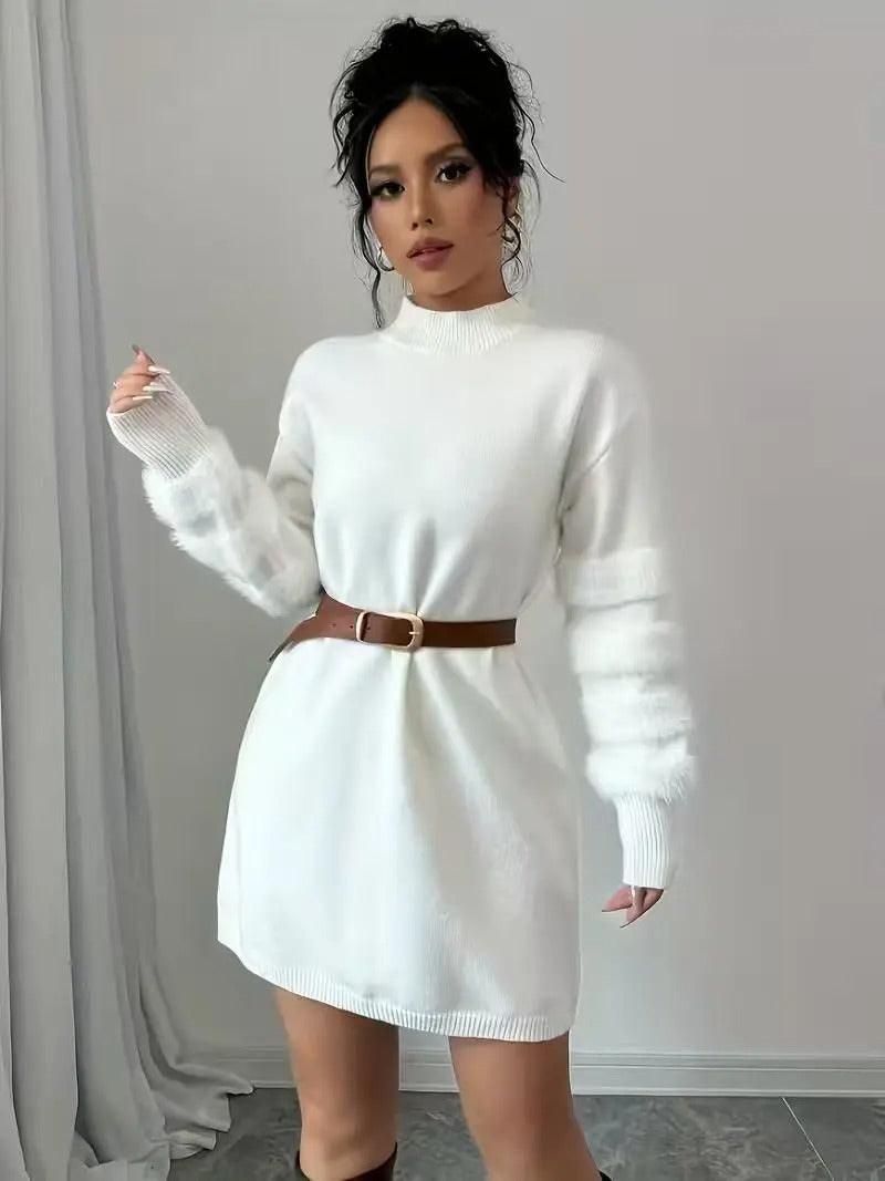 Hailyn Fuzzy Sleeve Mock Neck Sweater Mini Dress