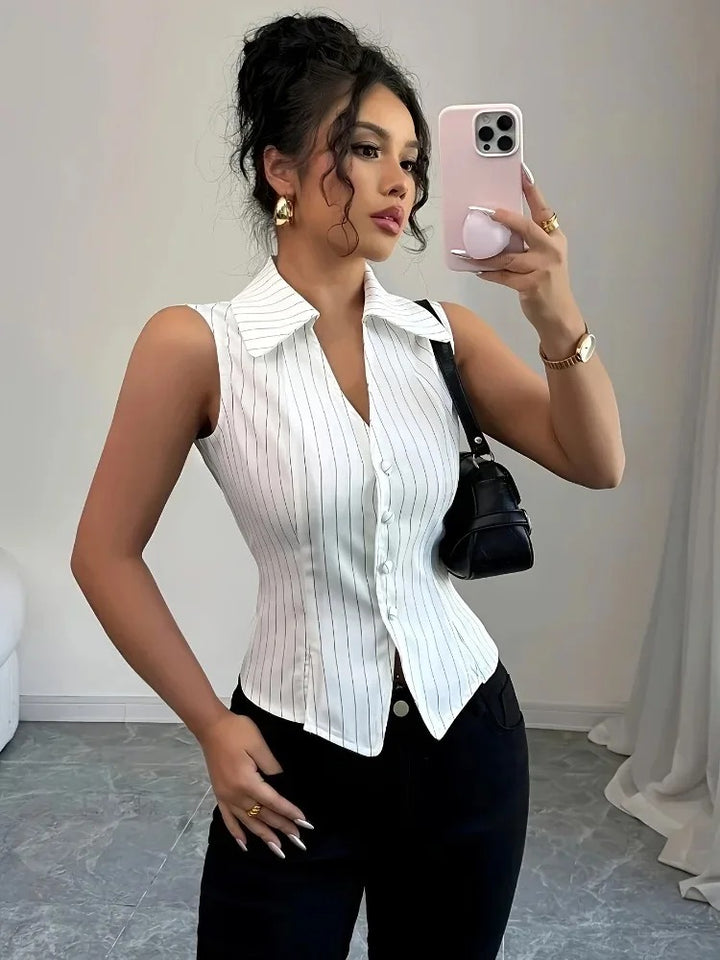 Arlienne Stripe Tailored Sleeveless Button Blouse