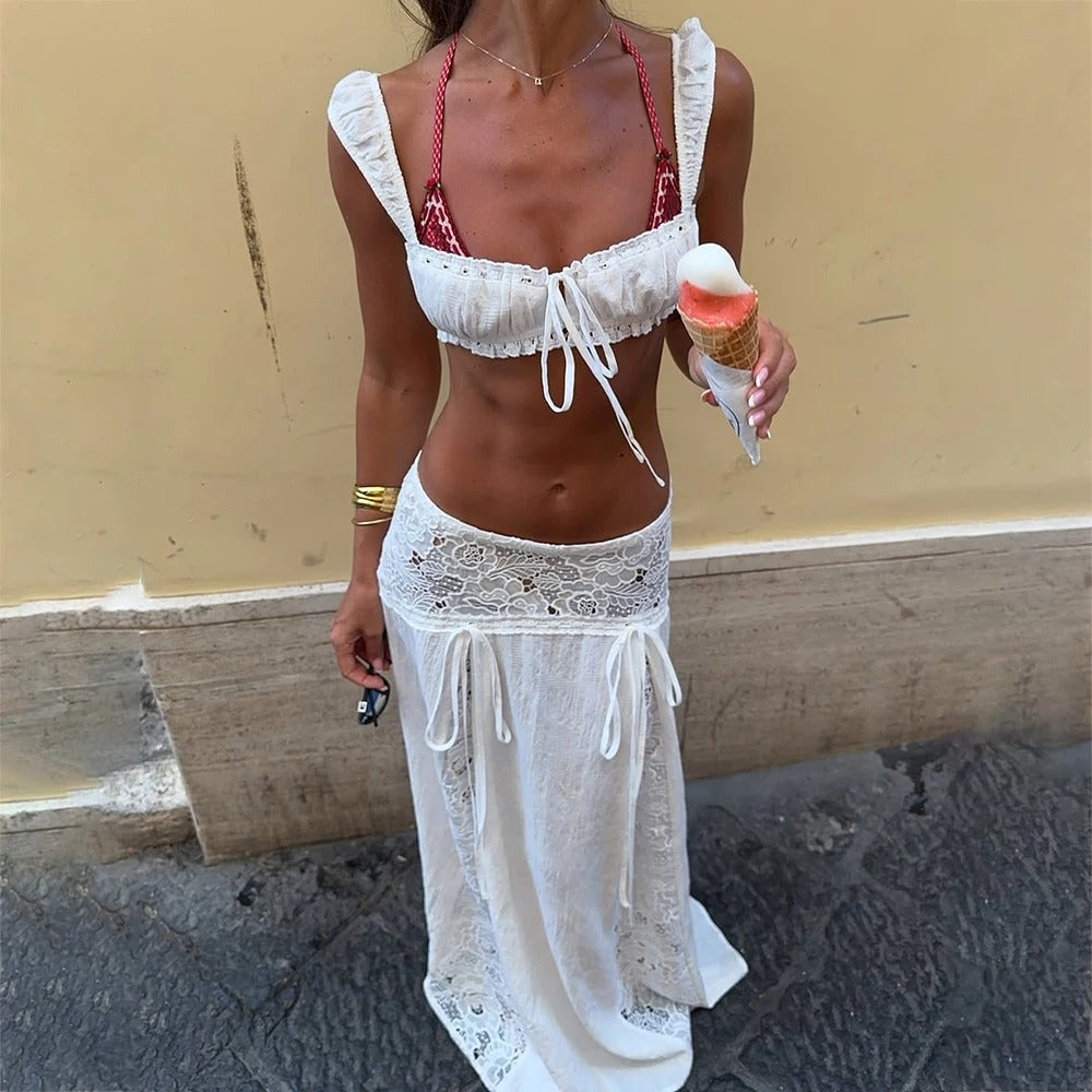 Fioravie Lace Trim Summer Maxi Skirt Set