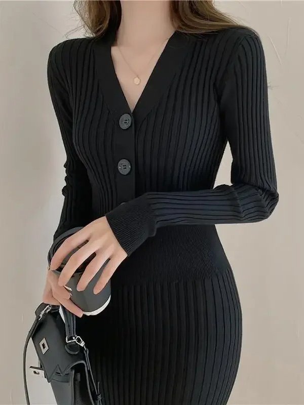 Saylor Button Front Ribbed Sweater Midi Dress