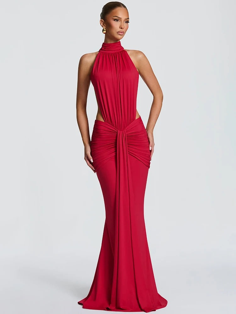 Catalina Ruched Halter Wedding Guest Maxi Dress