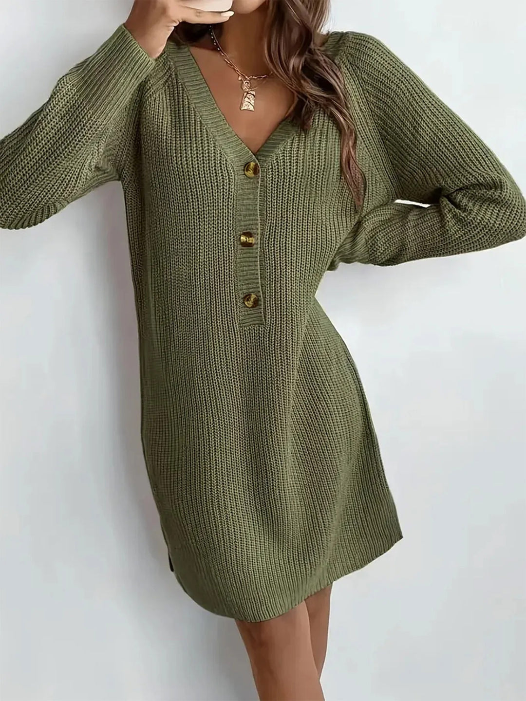 Blakely Button Front V-Neck Sweater Mini Dress