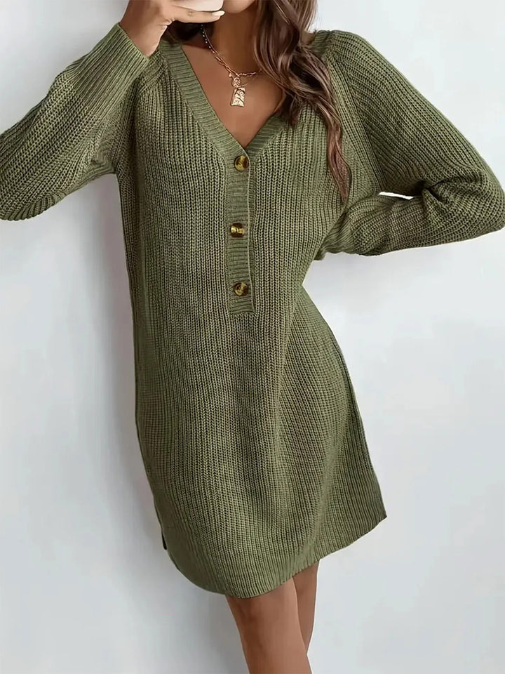 Blakely Button Front V-Neck Sweater Mini Dress