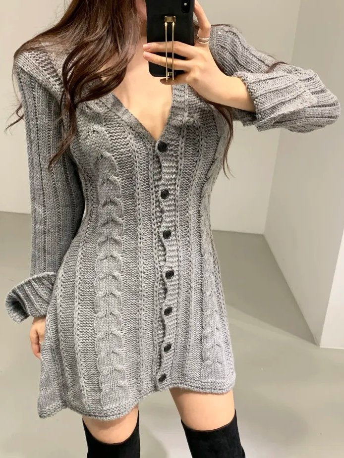 Everlyn Cable Knit Button Front Sweater Mini Dress
