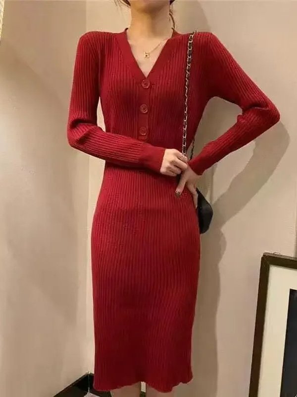 Saylor Button Front Ribbed Sweater Midi Dress