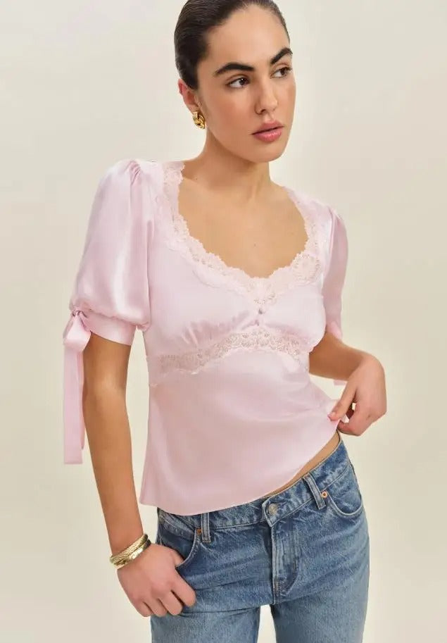 Solavelle Lace Trim Satin Summer Blouse
