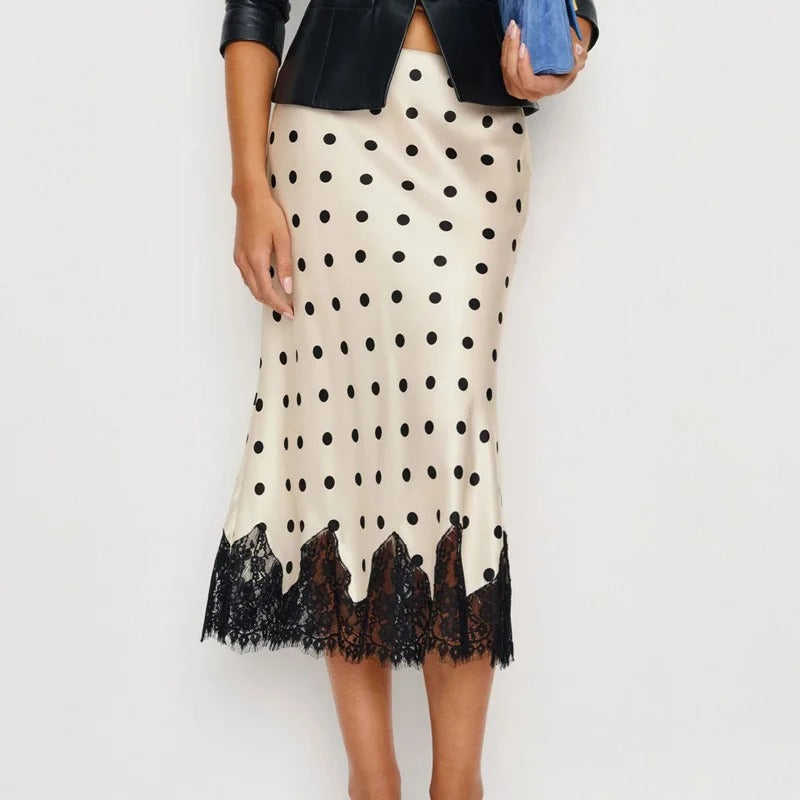 Adelora Polka Dot Lace Trim Satin Midi Skirt
