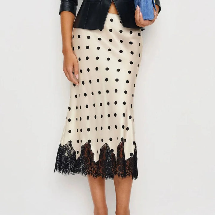 Adelora Polka Dot Lace Trim Satin Midi Skirt