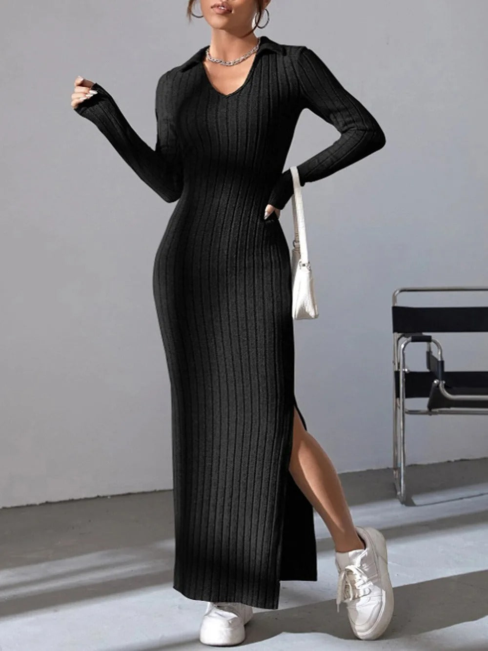 Kinsley Ribbed Collared Long Sleeve Sweater Maxi Dress