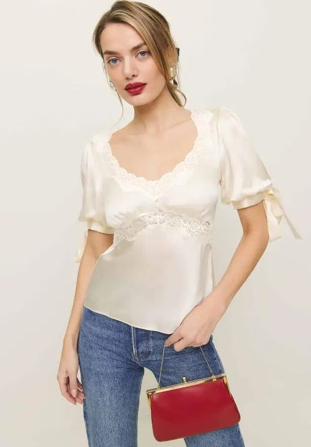 Solavelle Lace Trim Satin Summer Blouse