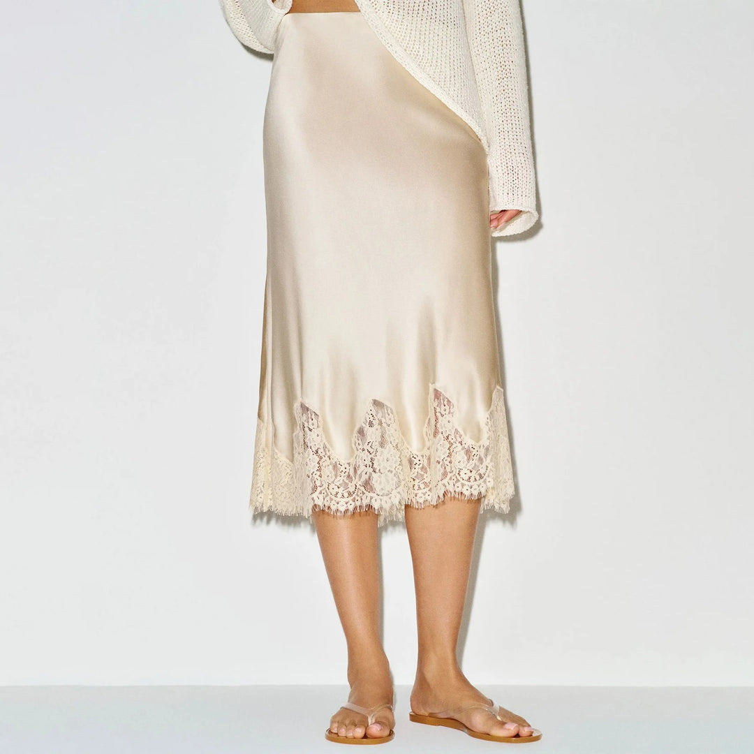 Adelora Polka Dot Lace Trim Satin Midi Skirt