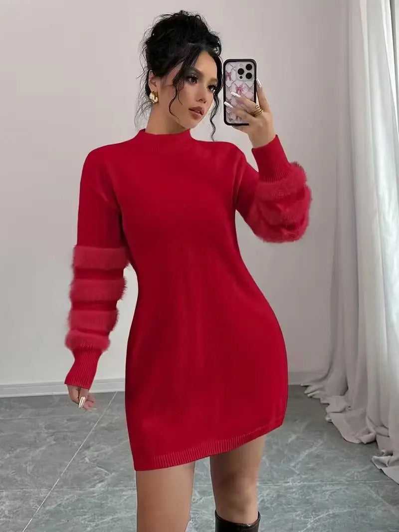 Hailyn Fuzzy Sleeve Mock Neck Sweater Mini Dress