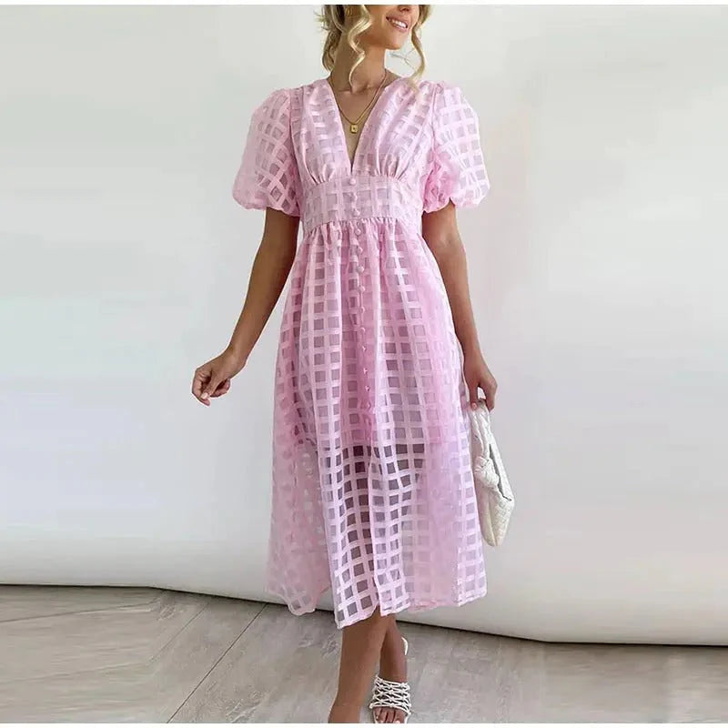Agnella Puff Sleeve Lightweight Summer Midi Dress
